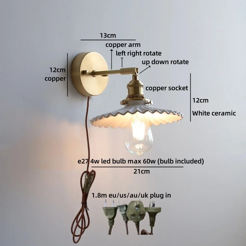 Axyaa Ceramic LED Wall Lamp: Japan Style Gold Brass Arm, Up Down Rotate