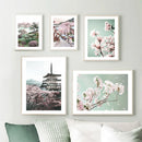 Cherry Blossoms Temple Village Canvas Painting by Axyaa - Wall Art for Living Room Home Decor