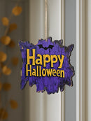 Axyaa Happy Halloween Wooden Hanging Sign with Bat Design in Purple & Yellow