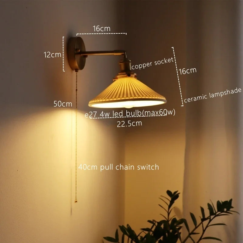 Axyaa Nordic LED Wall Sconce Ceramic Pull Chain Switch Light Fixture