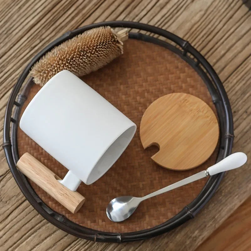 Axyaa Ceramic Wooden Handle Coffee Cup Set with Lid, Spoon - 310ml