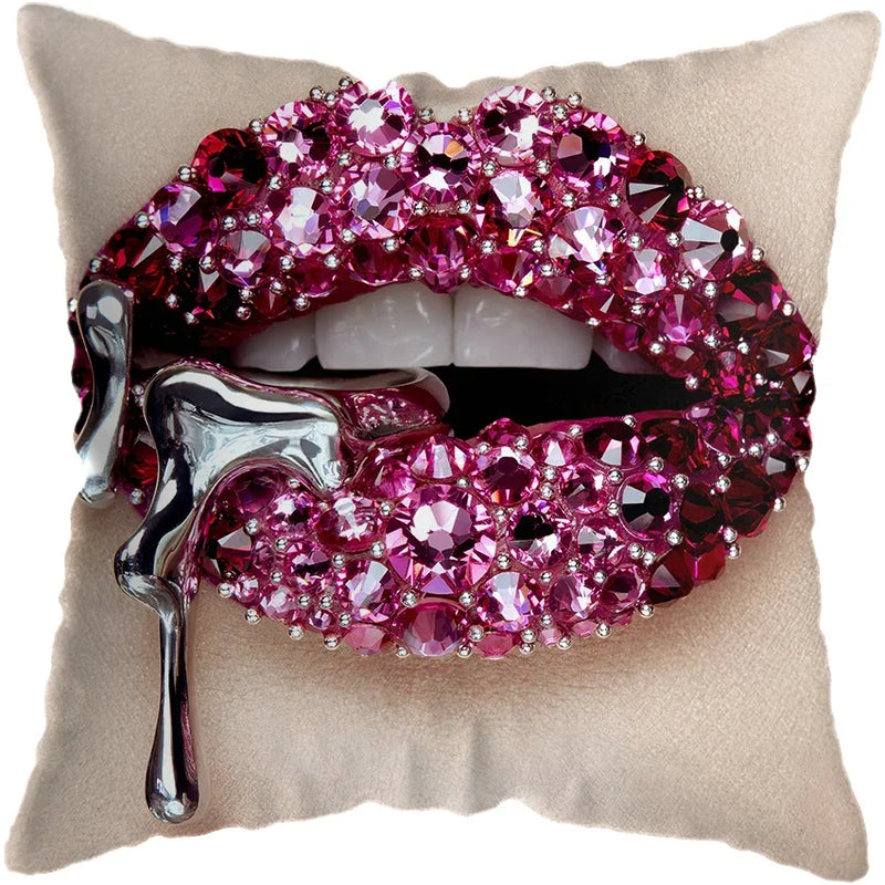 Pink Gold Lips Cushion Cover by Axyaa: Modern Nordic Diamond Painting Home Decor