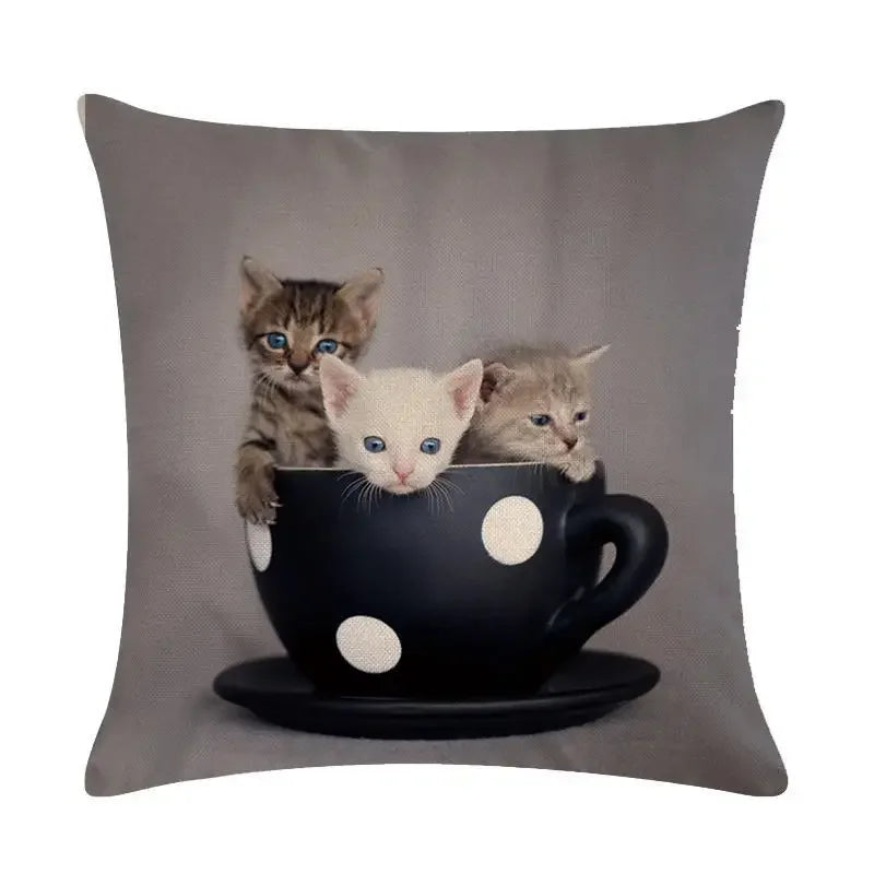 Axyaa Cat Printed Cotton Linen Cushion Cover 45x45cm