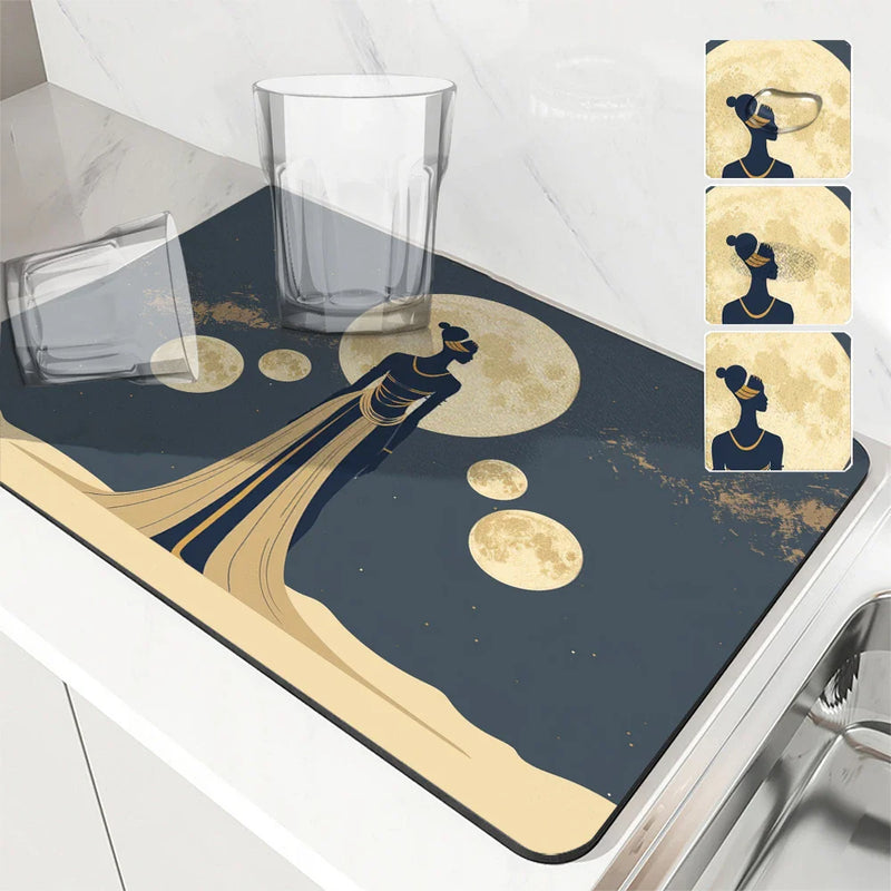 Axyaa Diatom Mud Kitchen Drain Pads - African Woman Design Absorbent Tableware Draining Mat