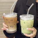 Axyaa 450ml Striped Glass Cup with Lid and Straw - Drinkware for Juice, Coffee, and Tea