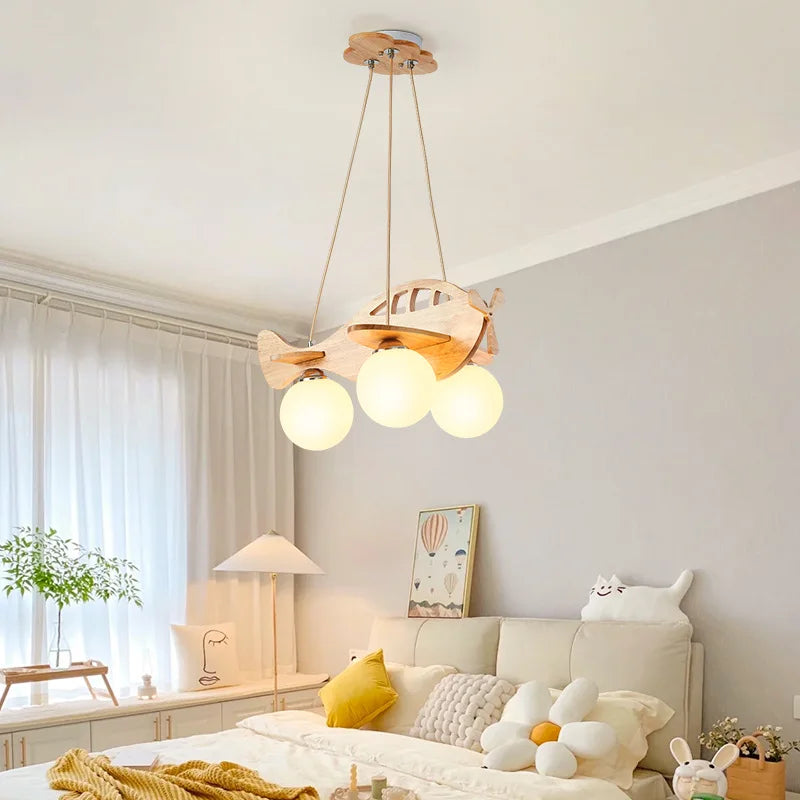 Axyaa Wood Airplane Chandelier LED Suspension Light for Boy Bedroom