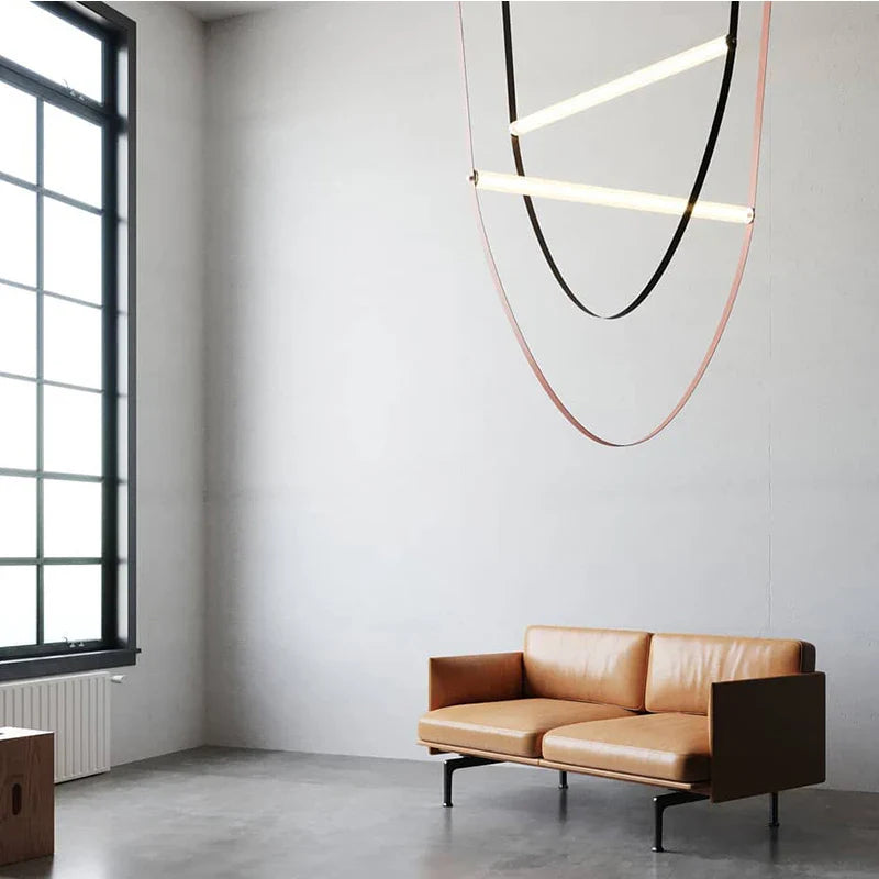 Axyaa Leather Belt Chandelier: Modern Glass Tube Designer Lighting for Living Room