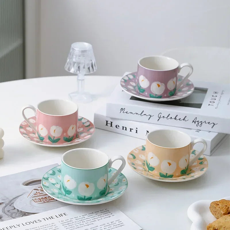 Axyaa Tulip Pattern Ceramic Cup and Saucer Set - Ideal for Tea, Coffee, and Desserts