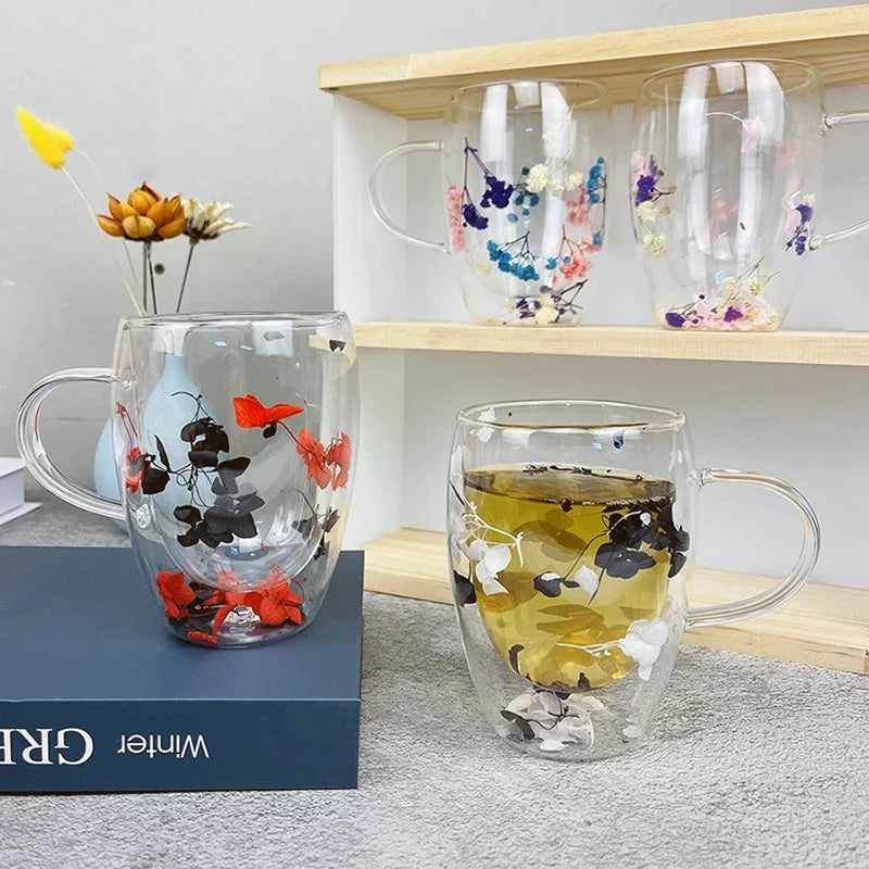 Axya 350ml Double Wall Glass Cup with Artificial Flower Filler.