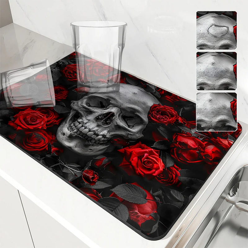Axyaa Halloween Skull Kitchen Absorbent Mat, Antiskid & Quick Dry Draining Pad