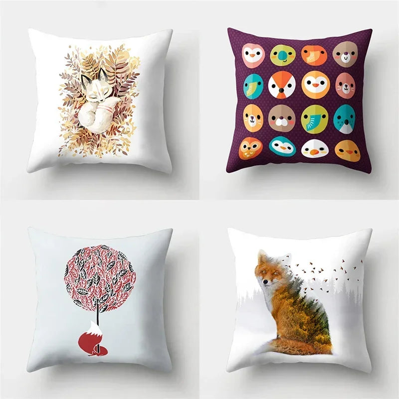 Fox and Bird Polyester Pillowcase by Axyaa: Cartoon Landscape Cushion Cover for Sofa