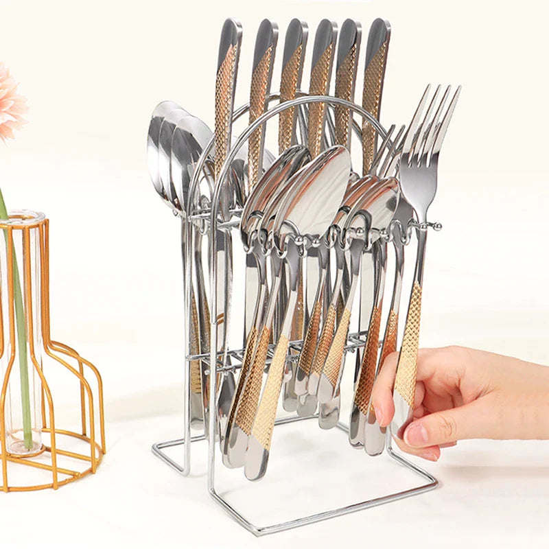 Axyaa Stainless Steel Tableware Set: Steak Knife, Fork, Dessert Spoon - 24pcs