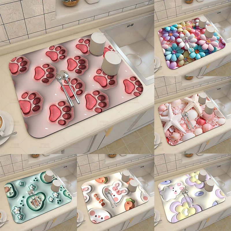 Axyaa 3D Visual Effect Drain Mat - Absorbent, Non-Slip, Anti-Mildew Kitchen Tableware Mat