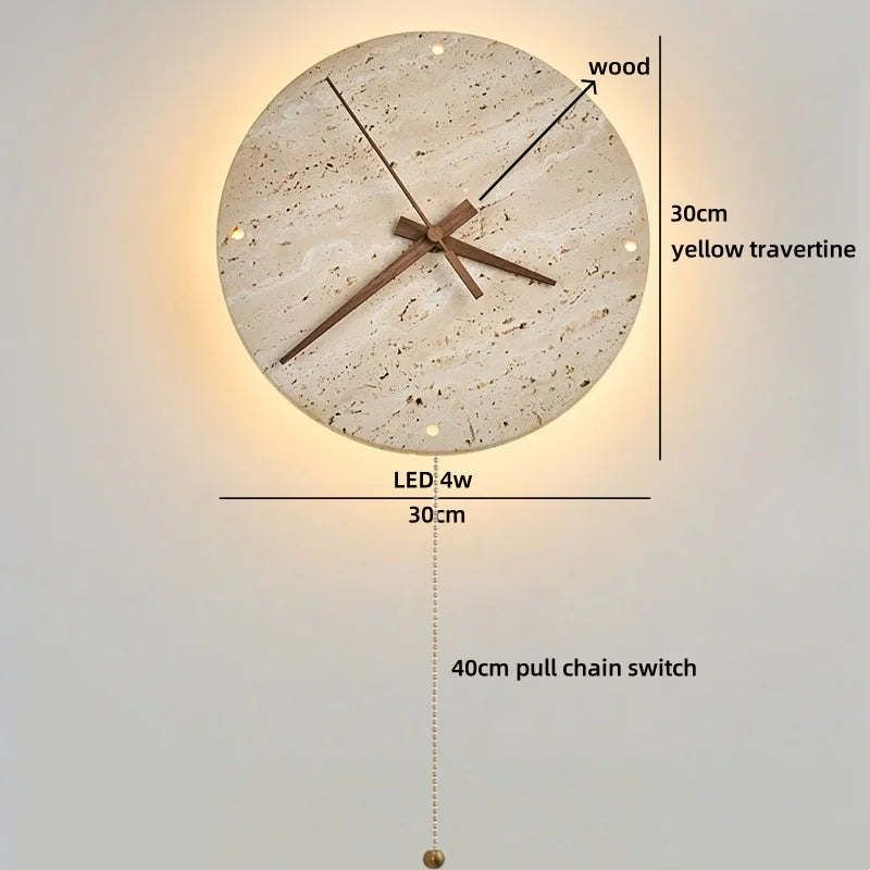Axyaa Stone Clock LED Wall Light Yellow Travertine Wooden Pointer for Living Room