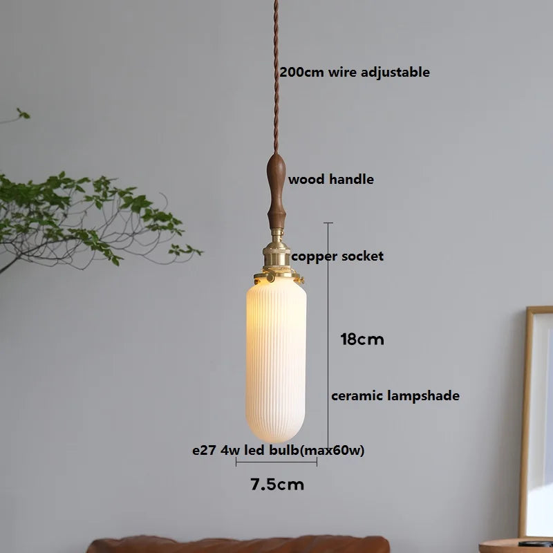 Axyaa White Ceramic LED Pendant Light with Wood Handle - Bedroom Living Room Lamp