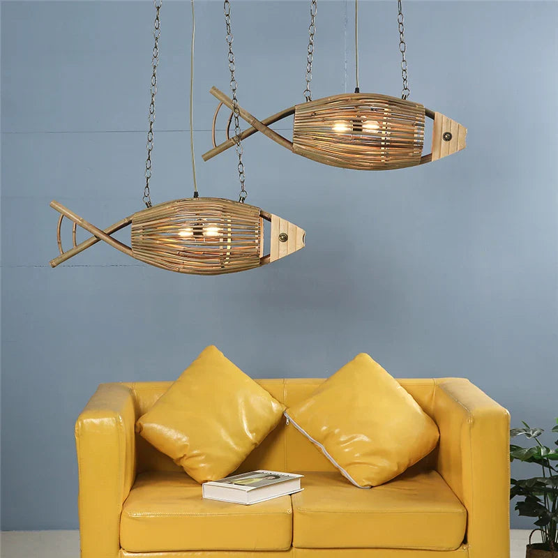 Axya Bamboo Fish Pendant Lights Retro Bar Teahouse Lamp Farm Hotel Wall Decor