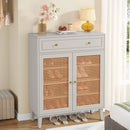 Axyaa Rattan Shoe Cabinet: Modern Mint Green Shoe Storage with Doors and Drawer