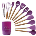 Axyaa 12PCS Silicone Kitchen Utensils Set with Wooden Handle - Non-Stick Cookware & Egg Beaters