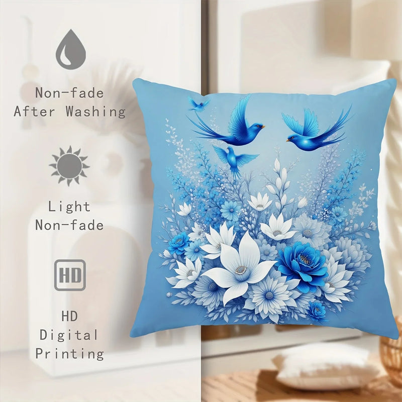 Blue Floral Bird Pillow Covers - Sky Blue Cushion Cases by Axyaa
