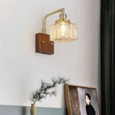 Axyaa LED Walnut Wood Wall Light Amber Glass Stair Sconce with Pull Chain Switch