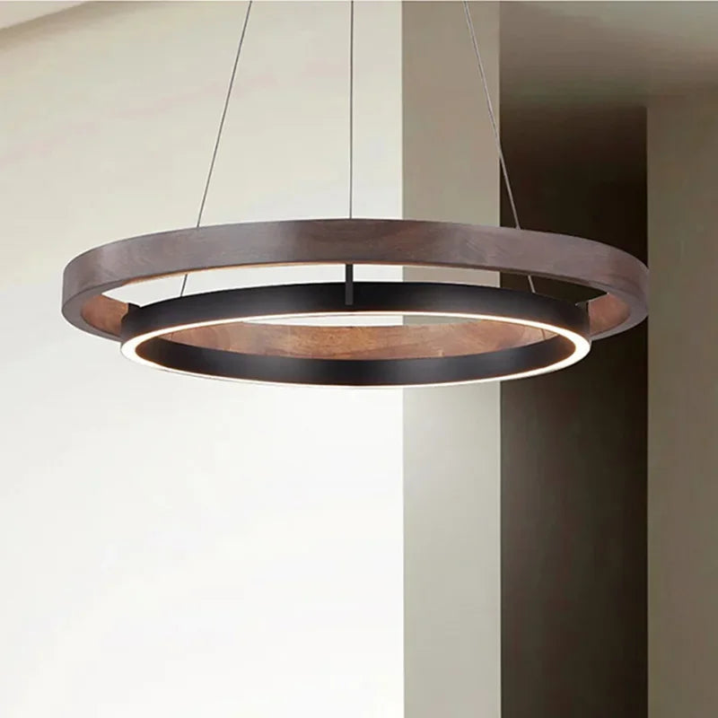 Axyaa Wood Grain Chandelier: Minimalist Round Hanging Light Fixture for Living Room