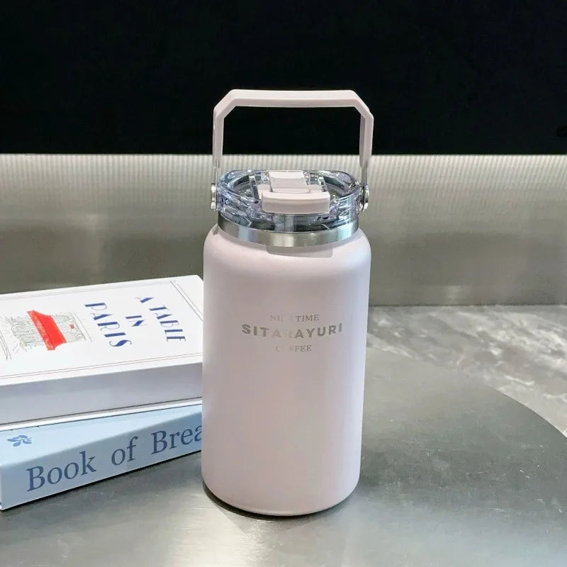Axyaa Stainless Steel Vacuum Flask Insulated Cup with Handle, Straw, Cold&Hot Thermos Mug.
