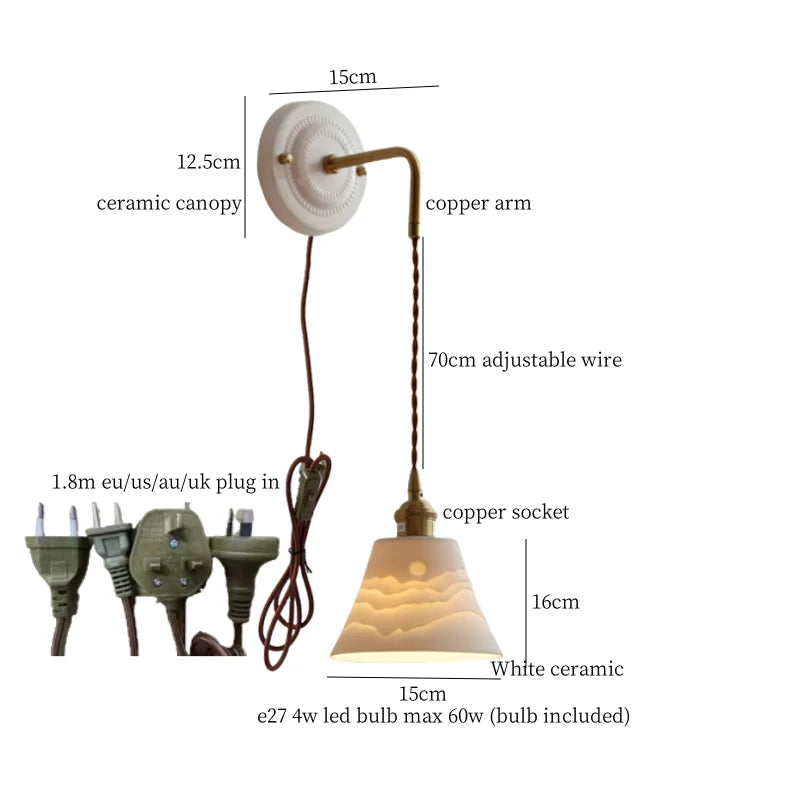 Axyaa Small Pleats Ceramic LED Wall Light Fixture Copper Arm Pull Chain Switch