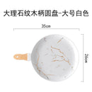Axyaa Gold Ceramic Pizza Plate with Wooden Handle - Dessert & Pasta Western Food Plate