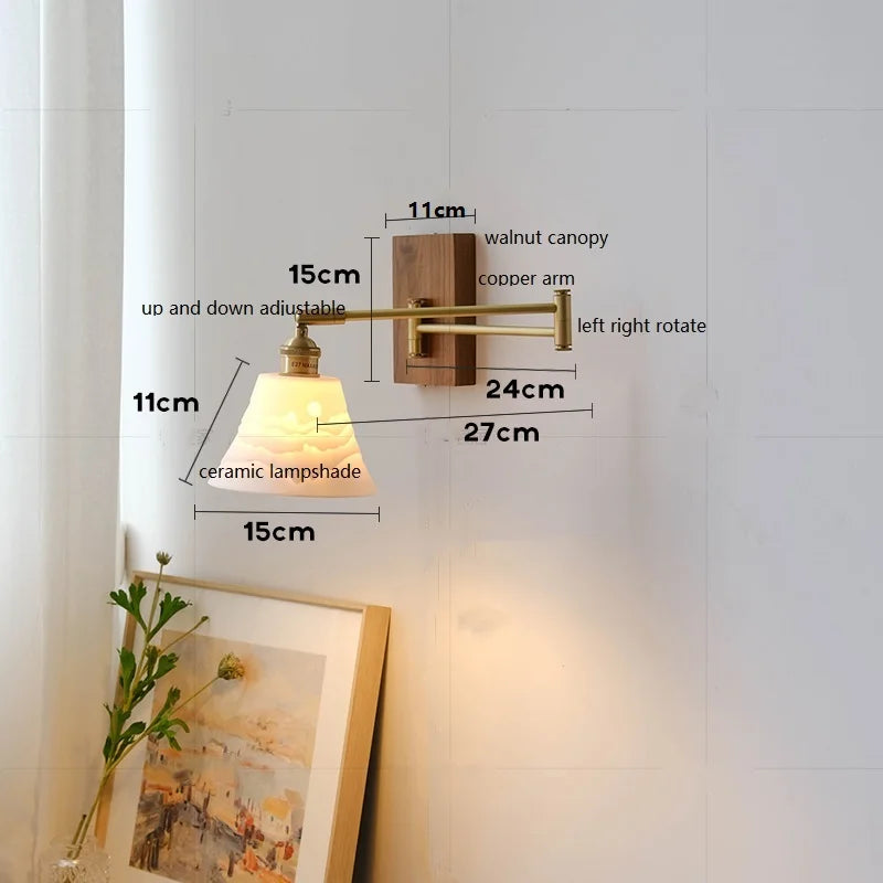 Axyaa Walnut Canopy Copper LED Wall Lamp with Long Arm Rotation