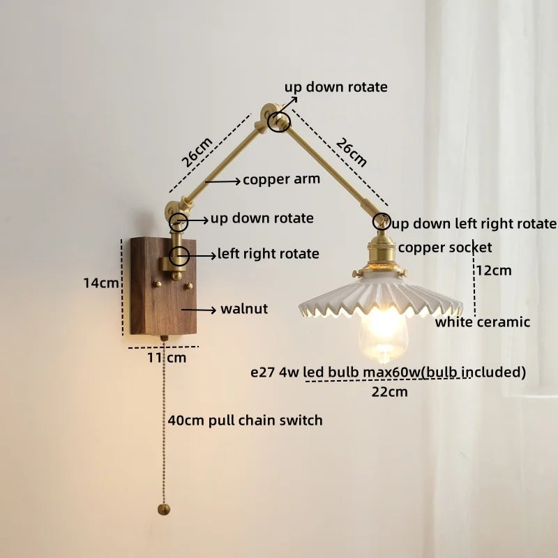 Axyaa Ceramic Copper Swing Arm LED Wall Light for Home Decor