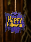 Axyaa Happy Halloween Wooden Hanging Sign with Bat Design in Purple & Yellow