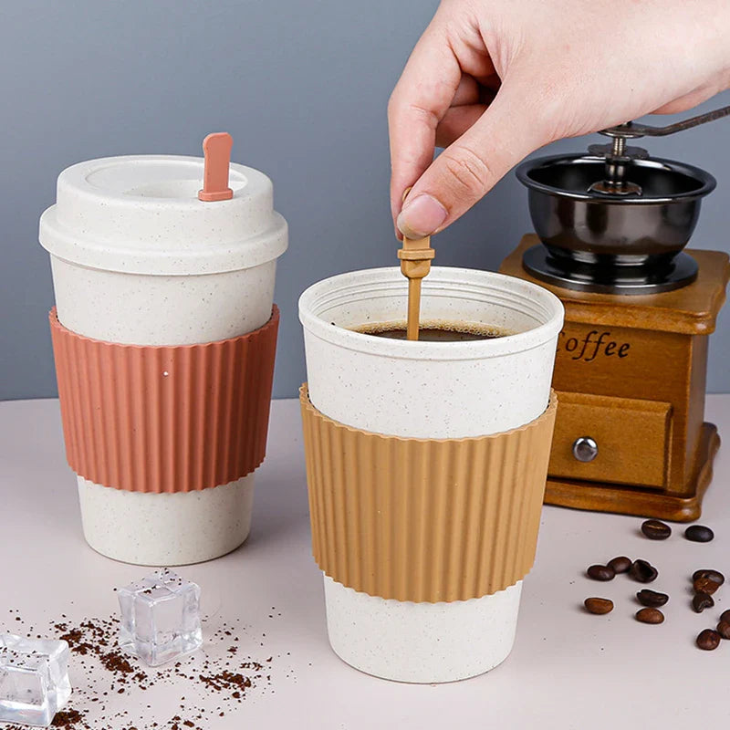 Axyaa Reusable Wheat Straw Coffee Cup With Lid 450ml - Portable & Dishwasher Safe