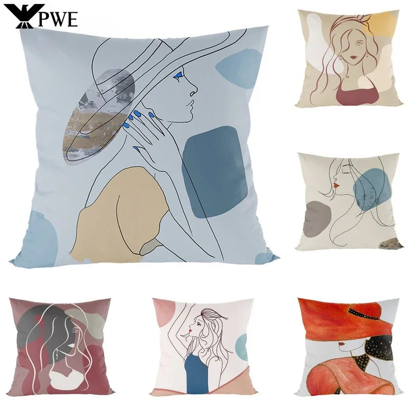 Abstract Line Drawing Girls Print Cushion Cover 45x45cm by Axyaa