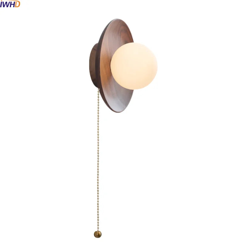 Axyaa White Glass Ball LED Wall Lamps With Switch - Modern Wooden Stair Light Fixtures.