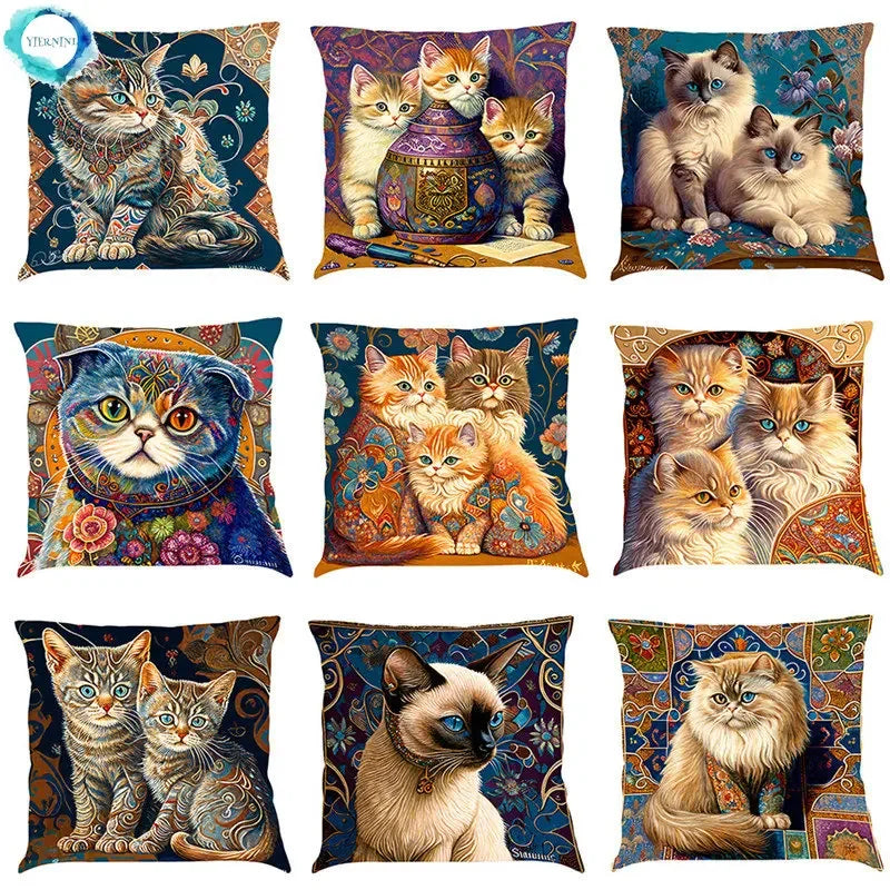Axyaa Cat Linen Pillowcase 45x45cm for Home Décor and Comfort