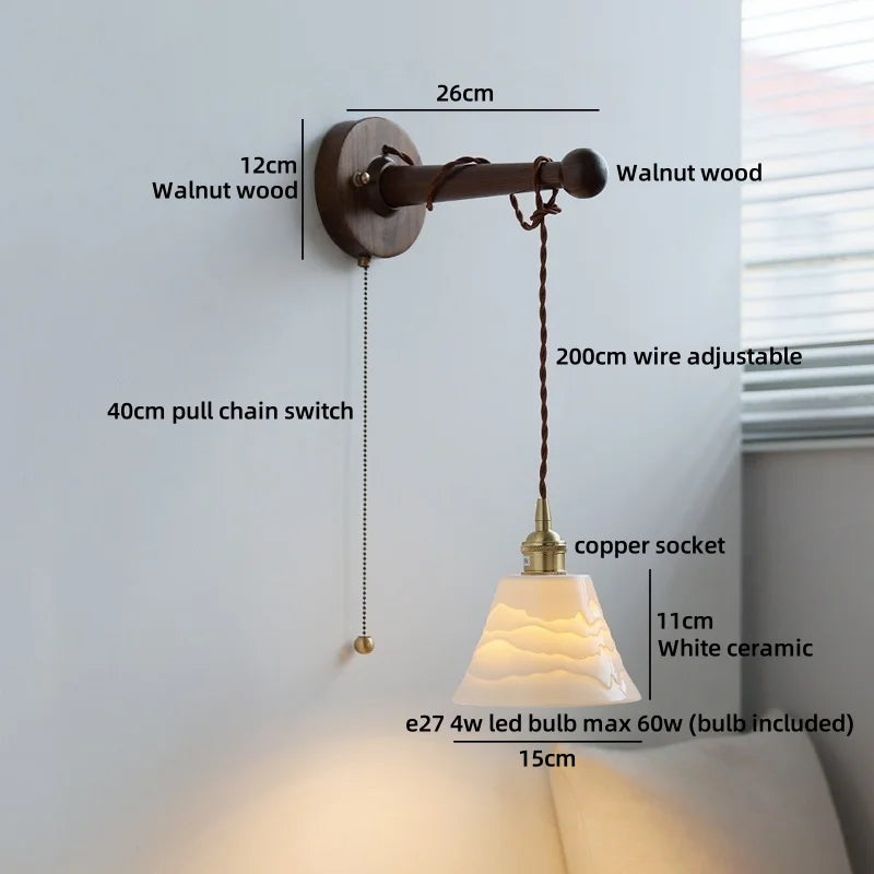 Axyaa Round Ceramic E27 Wall Lamp with Pull Chain Switch and Warm LED Light