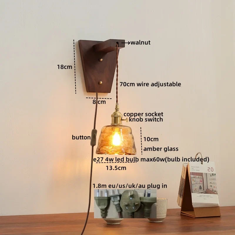 Axyaa Walnut Glass Pull Chain LED Wall Light Fixture for Home Decor