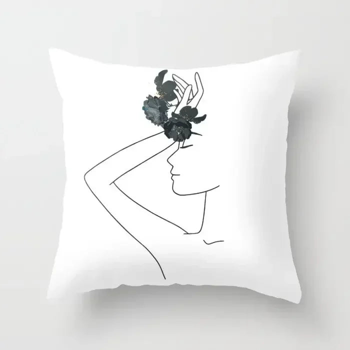 Minimalist White Pillow Cover - Axyaa Portrait Sketch Nordic Cushion