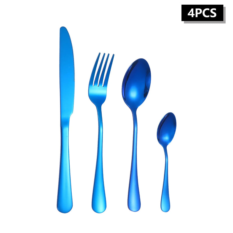 Axyaa 24-Piece Stainless Steel Cutlery Set, Blue Round Handle, Suitable for Home and Hospitality