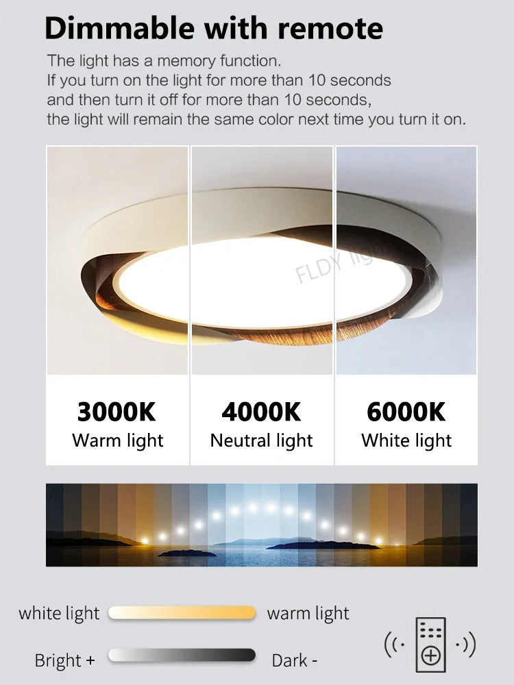 Axyaa Walnut Ceiling Lights: Retro Wood Grain LED Lamp for Bedroom Study Room