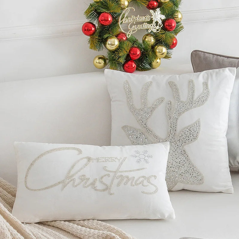 Grey Deer Christmas Tree Embroidered Cushion Cover by Axyaa – Cozy Living Room Decor