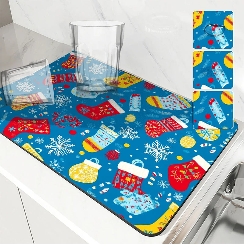 Christmas Gloves Snowflake Drying Mat by Axyaa: Non-Slip Absorbent Table Mat