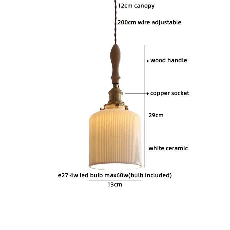 Axyaa Ceramic Pendant Light Wood White LED Lamp for Living Room & Cafe