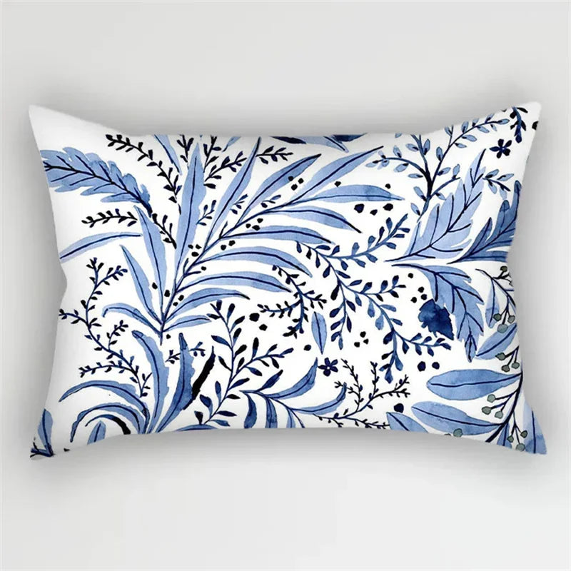 Bohemian Blue Flower Pillowcase with Vintage Ink Plant Leaf Design, by Axyaa