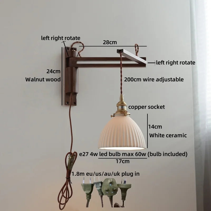 Axyaa Walnut Wood LED Wall Lamps Switch Ceramic Japan Style Kitchen Stair Light