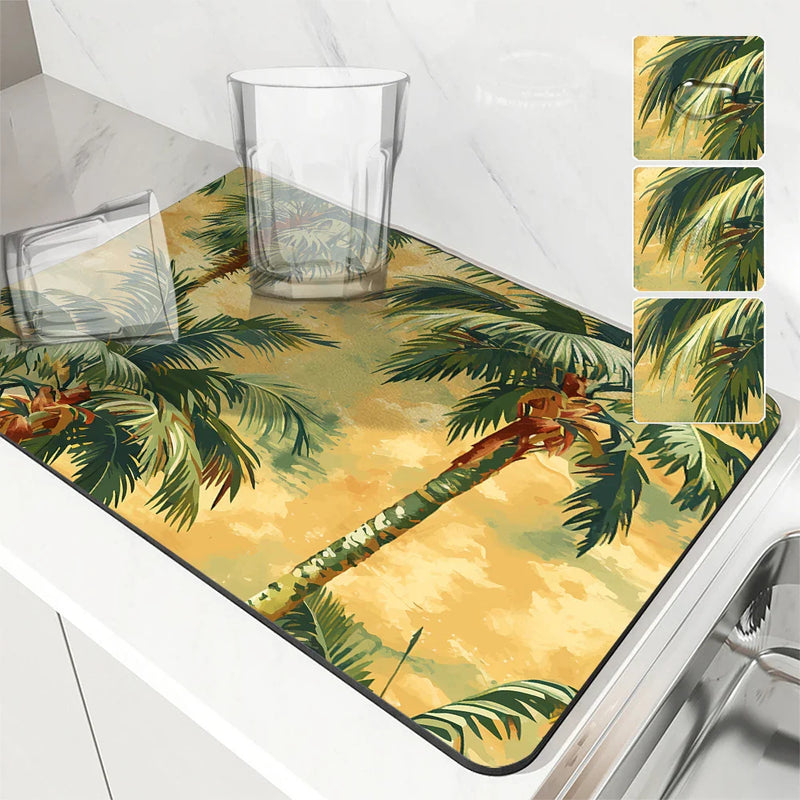 Axyaa Tropical Plants Coffee Cup Drying Mat Non-slip Absorbent Mat for Kitchen Counter