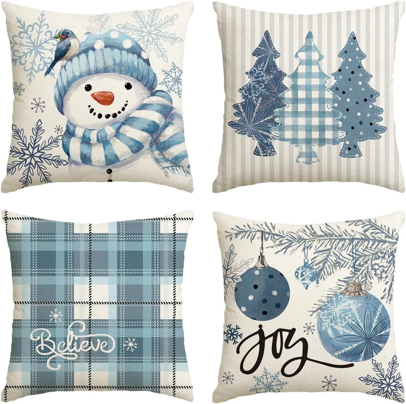 Winter Snowman Snowflake Xmas Throw Pillow Covers by Axyaa - Set of 4