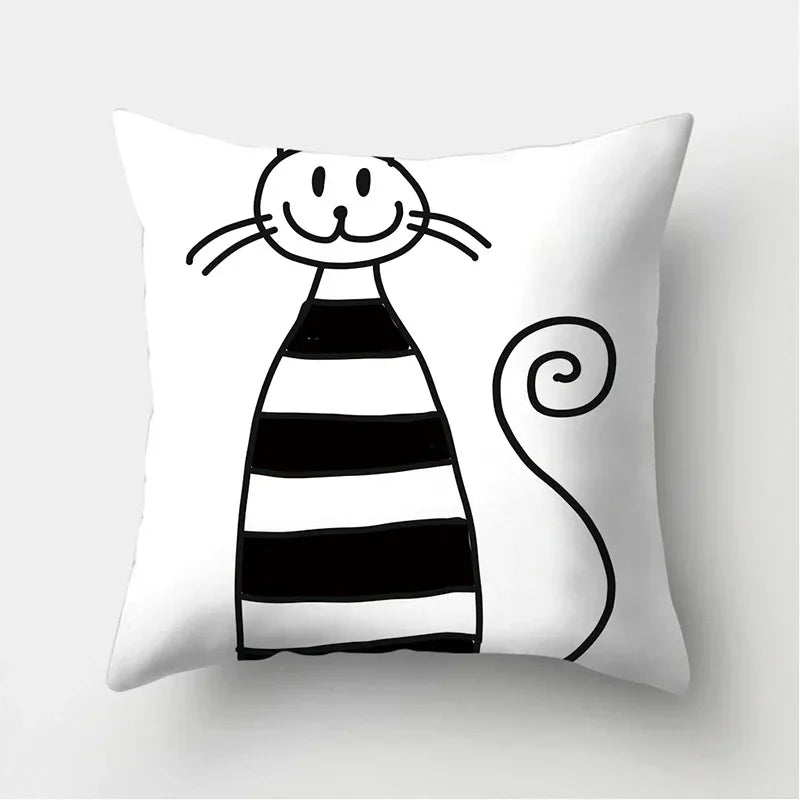 Axyaa Black & White Cat Pattern Cushion Cover for Living Room, Bedroom & Sofa