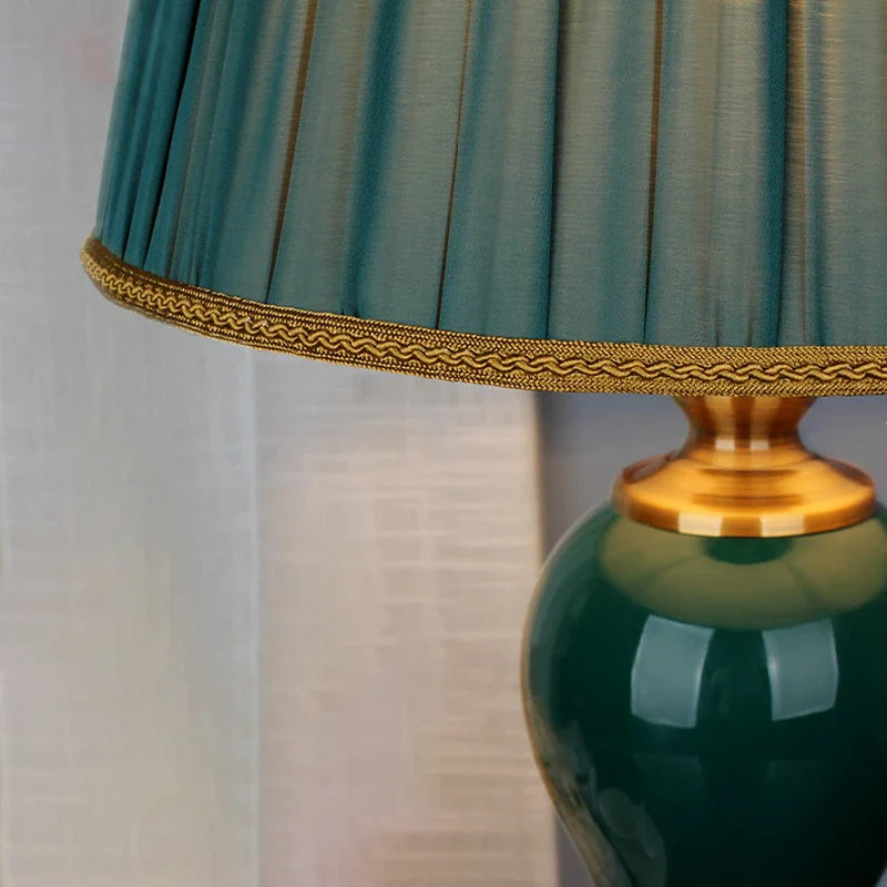 Axya Green Ceramic Table Lamp with European Cloth Cover