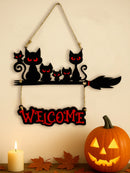 Axyaa Black Cat Welcome Sign & Hanging Ornaments - Witch Broom Decor, Spooky Cat Family